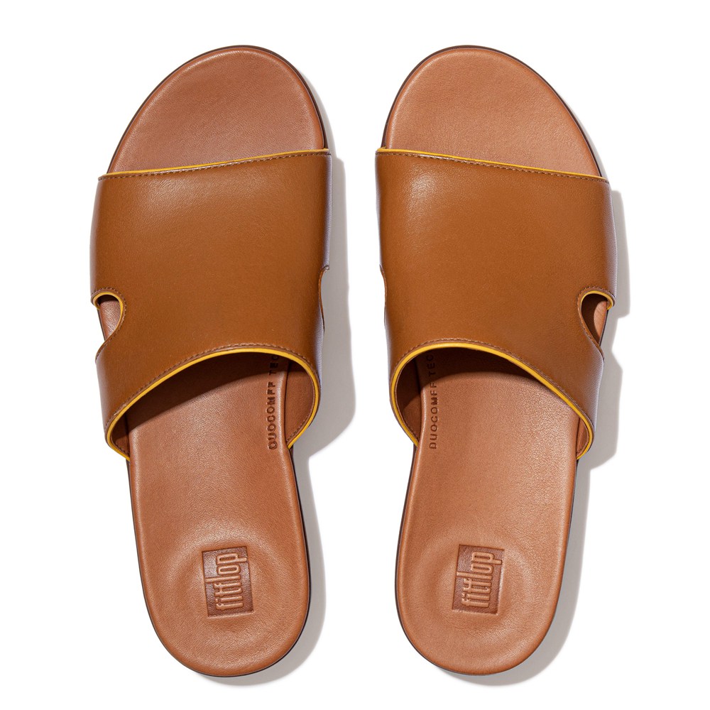 Fitflop Womens Slides - H-bar Pop-binding Leather - Brown - 804-WNKOEF
